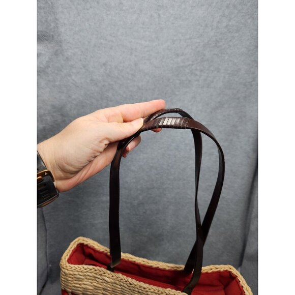 Woven Straw Tote Bag With Floral Accents & Red Lining - Picture 3 of 14